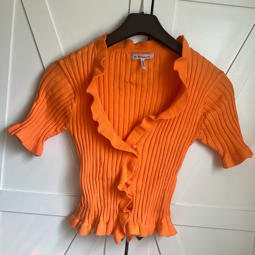 BCBG Generation Orange ruffle button up sweater top, size small, NWOT